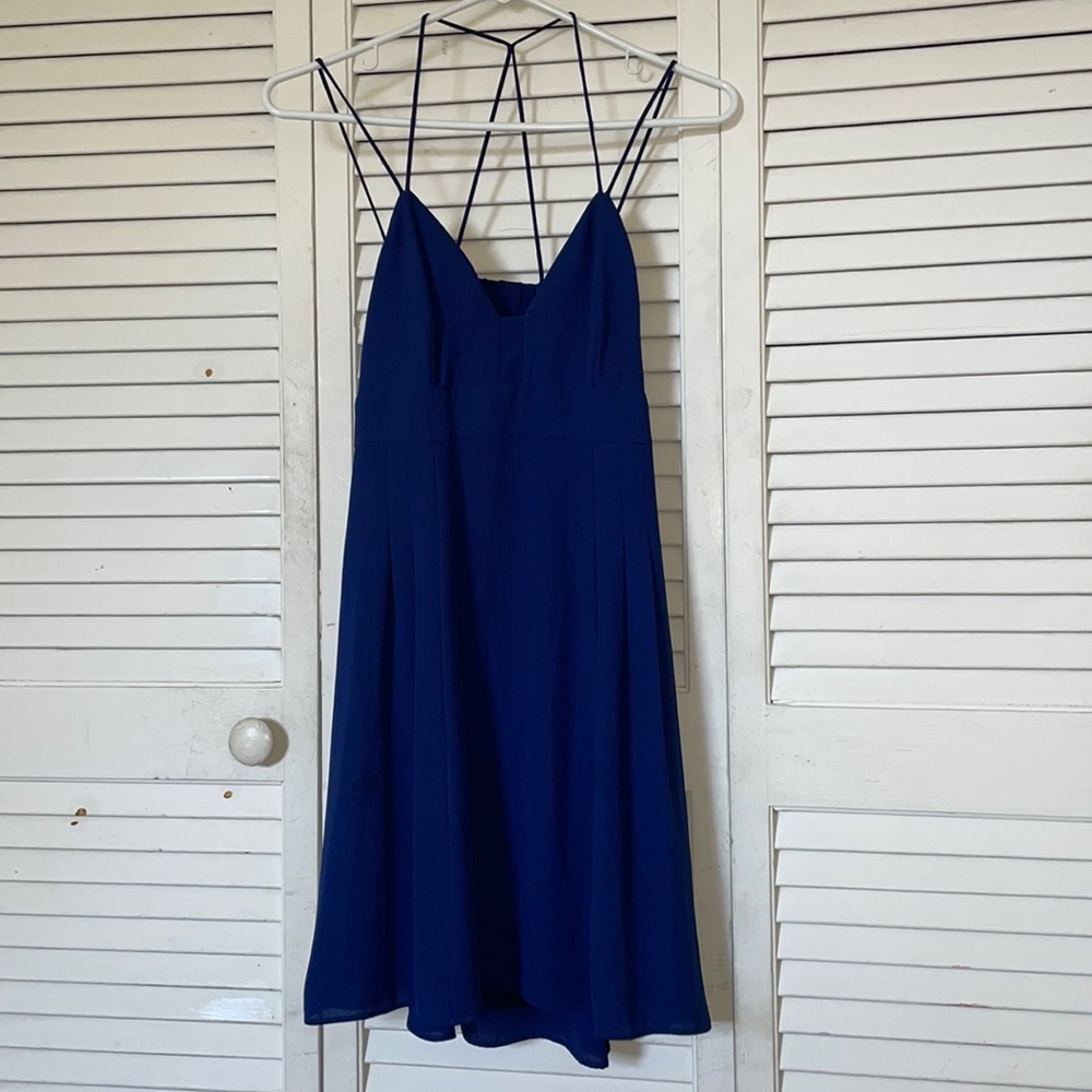NAVY BLUE GEOMETRIC OPEN BACK STRAP EXPRESS COCKTAIL DRESS